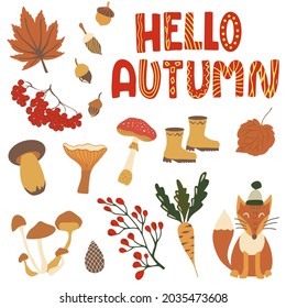 Set of hand drawn elements of autumn. Collection of autumn attributes. Vector illustration for kids.