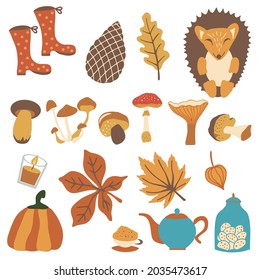 Set of hand drawn elements of autumn: falling leaves,cozy food, candles, mushrooms, pumpkin and cute hendgehog. Collection of autumn attributes. Vector illustration for kids. 