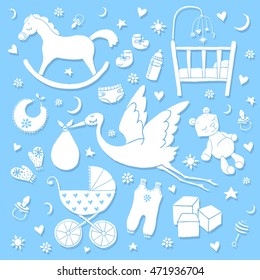 Set of hand drawn elements. Baby stuff. Collection of vector cute icons.