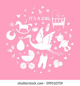 Set of hand drawn elements. Baby girl stuff. Collection of vector cute elements.