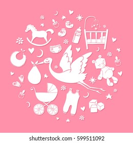 Set of hand drawn elements. Baby girl stuff. Collection of vector cute elements.