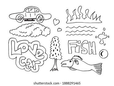set of hand drawn elements, black on white background, car, clouds, trees, hearts, water and love car text for concept design.