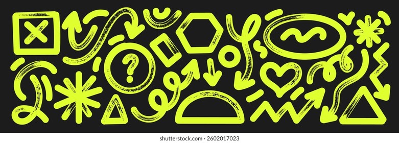 Set of hand drawn elements with brush, marker or crayon texture. Grunge arrow, oval, heart and rectangle for design. Yellow vector illustration on a blackboard.