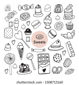 Set of hand drawn elements candy or sweets for greeting cards, posters, stickers and seasonal design. Isolated on white background. Doodle vector illustration.