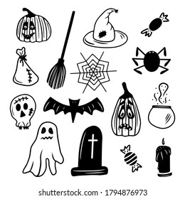 Set hand drawn elements for celebrating Halloween isolated on a white background. Doodle, simple outline illustration. It can be used for decoration of textile, paper.