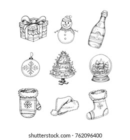 Set of hand drawn elements for Christmas and New Year winter Holidays. Outline sketch set of vector illustration.