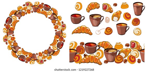 Set of hand drawn elements. Coffee and tea cups,  croissants and buns drawing on a white background. Drink and pastry. Vector image of breakfast for bakery,coffee house, menu, wrapping paper, fabric