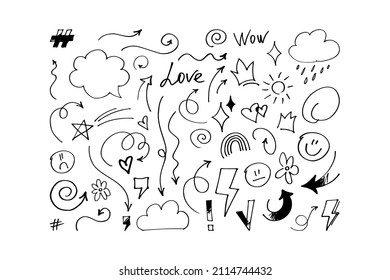 Set of hand drawn elements, for concept design. Doodle. Abstract signs. Sketchy symbols. Vector illustration.