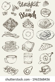 Set of hand drawn elements for creating menu, traditional breakfast dishes, bakery and drinks. Sketch style vector illustration template