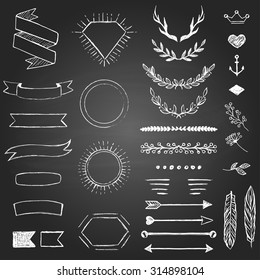 Set of hand drawn elements for design on the black board background