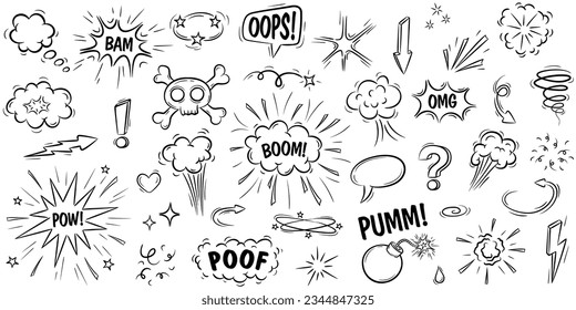 Conjunto de elementos dibujados a mano garabato aislado en fondo blanco