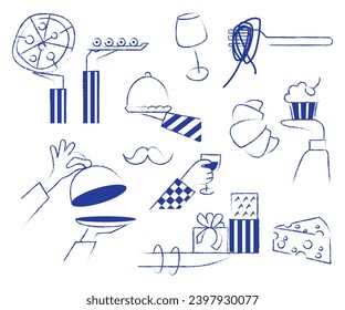 Set of hand drawn elements doodles resturant. Italian French food set. Party catering cooking concept meal desert. Vector illustration modern style isolated on white background.