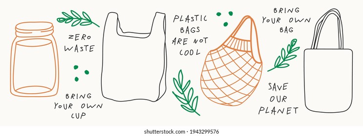 Set of hand drawn elements in ecology concept, hand drawn illustration in modern, trendy colors.
