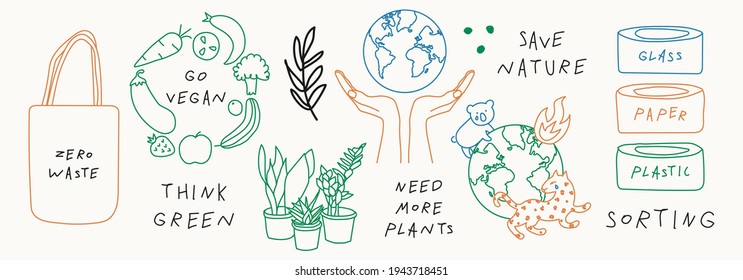 Set of hand drawn elements in ecology concept, hand drawn illustration in modern, trendy colors.