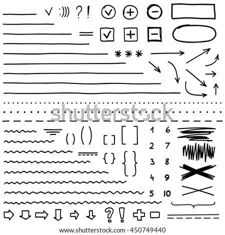 Set of hand drawn elements for edit and select text. Black marker.