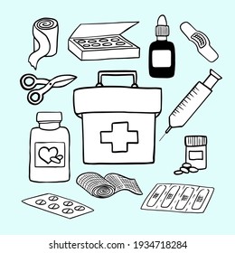 Set of hand drawn elements of first aid kit. Doodle style medicine chest vector illustration