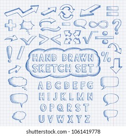 Set of hand drawn elements. Font, mathematics and punctuation symbols, arrows, speech bubbles. Blue doodle on lined paper background. Vector illustration
