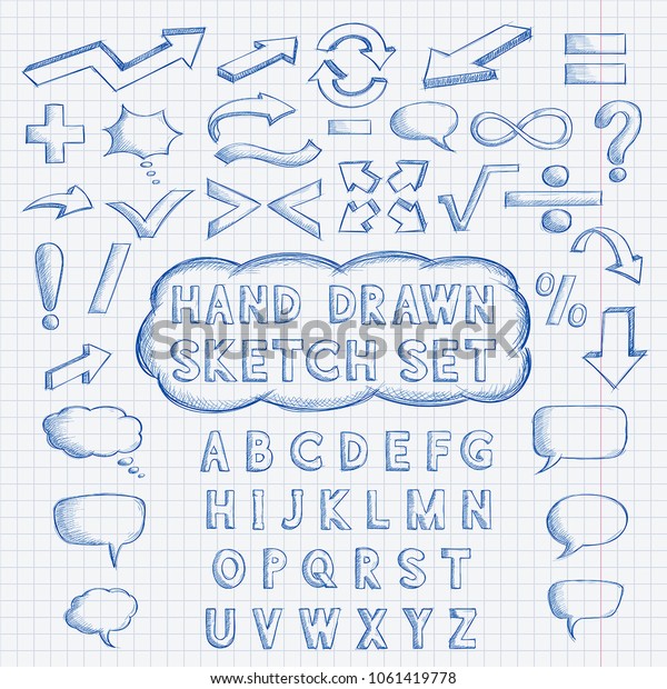 Set of hand drawn elements. Font,\
mathematics and punctuation symbols, arrows, speech bubbles. Blue\
doodle on lined paper background. Vector\
illustration