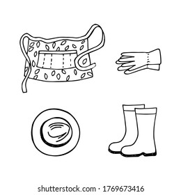 A set of hand drawn elements gardener's clothing, apron, hat, boots, gloves. Simple outline in Doodle style, vector.