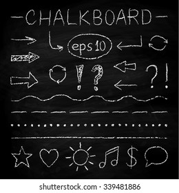 Set of hand drawn elements and icons in chalk style. Chalk board texture may be used separetely. Vector illustration.