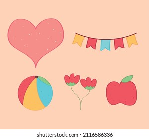 set hand drawn elements include heart and apple