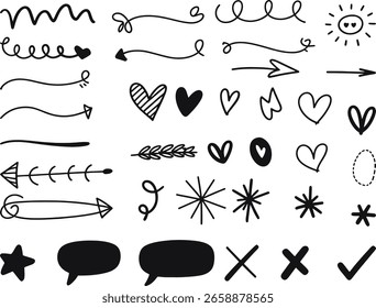 Um conjunto de elementos desenhados à mão, incluindo setas, corações, estrelas e balões de fala para designs criativos