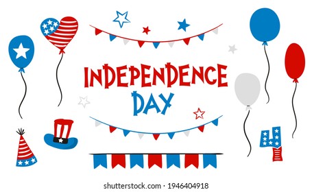 Set of hand drawn elements for Independence Day of the United States of America. Symbols of the USA in national colors. A set of doodle items for July 4th. Vector illustration for poster design.