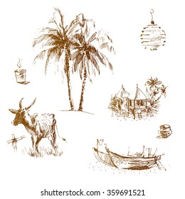 Set of hand drawn elements from the indian coast