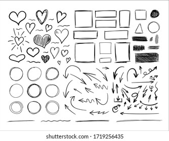 Set of hand drawn elements isolated on white background, black outline drawings collection, vector illustration,  scribble lines, freehand sketches.