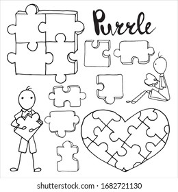 Set of hand drawn elements of jigsaw puzzles, man character, heart and square made of pieces. Simple vector illustrations in cartoon doodle style with lettering. Elements for print, postcard, poster
