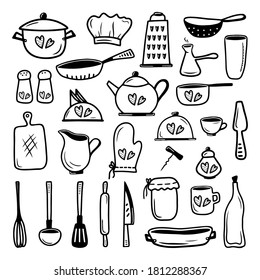 Set hand drawn elements kitchen utensils and tableware isolated on a white background. Doodle, simple outline illustration. It can be used for decoration of textile, paper.