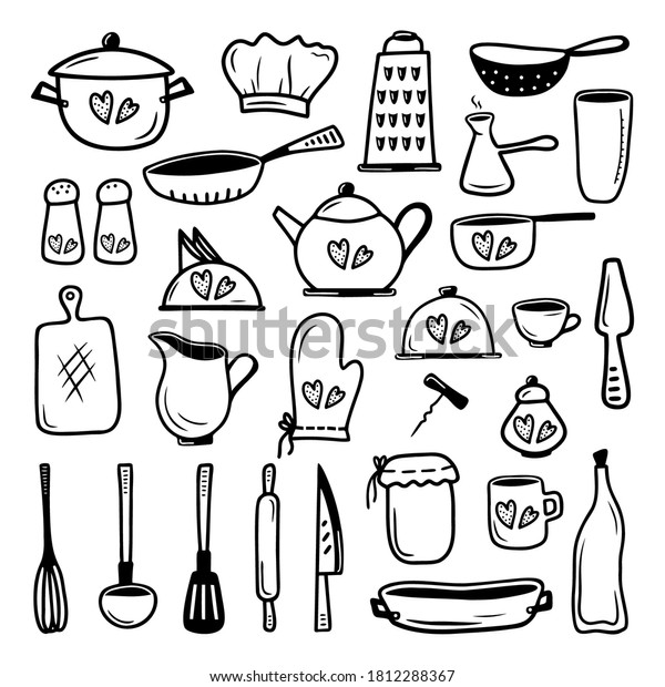 Set hand drawn\
elements kitchen utensils and tableware isolated on a white\
background. Doodle, simple outline illustration. It can be used for\
decoration of textile,\
paper.