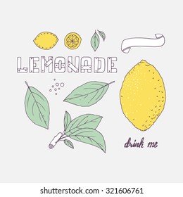 Set of hand drawn elements for lemonade or soda drink package design. Doodle lemon, leaves, icons, logo template and handlettering wooden sign. Vector illustration