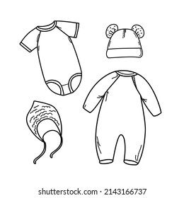 Set of hand drawn Elements little baby clothes. Cartoon sketch style doodle for icon, banner. 