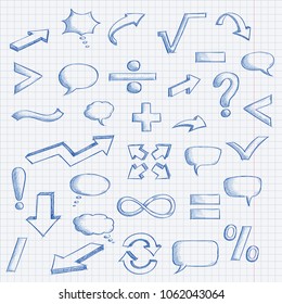 Set of hand drawn elements. Mathematics and punctuation symbols, arrows, speech bubbles. Blue doodle on lined paper background. Vector illustration