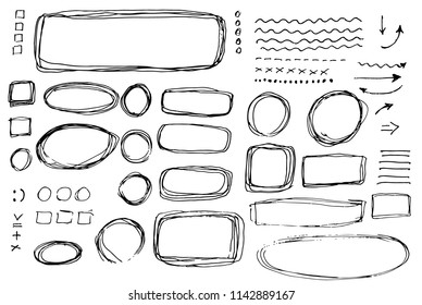 Set of hand drawn elements. Oval, round, rectangular and square frames and labels. 