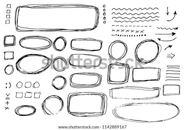 Set of hand drawn elements. Oval, round,\
rectangular and square frames and labels.\

