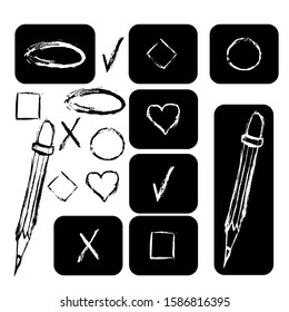 Set of hand drawn elements: pencil, heart, box and circle scheme. Black marker doodle sketch. Swoosh, frame. Text editing and outline. Icons for notes. Macros for listings.
