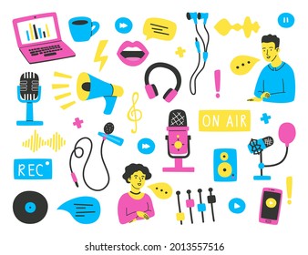 Set of hand drawn elements and phrases on the topic of recording podcasts, various microphones, podcast hosts, sound images.