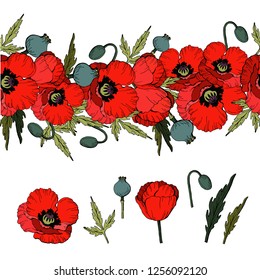 Set of Hand drawn elements of red Poppies and flower brush ,Vector Illustration