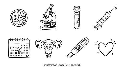 Set of hand drawn elements representing in vitro fertilization and family planning
