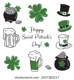 Conjunto de elementos dibujados a mano para el día de San Patricio el 17 de marzo. Taza de cerveza, caldero con monedas de oro, trébol de hojas de trébol leprechaun negro y sombrero verde con cinturón. Dibujado a mano vector doodle.