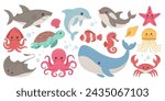 Set with hand drawn elements of sea animals, sea creatures. Vector doodle cartoon set of sea life objects for your design.