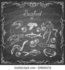 Set of hand drawn elements  seafood on blackboard. Retro vintage style seafood design.   Vector illustration.