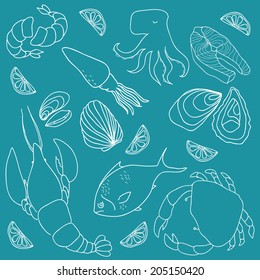 Set of hand drawn elements seafood. Retro vintage style seafood design. Vector illustration