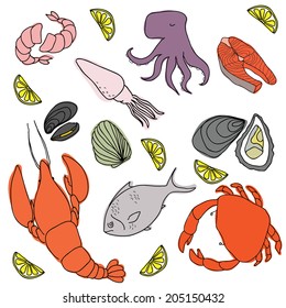 Set of hand drawn elements seafood. Retro vintage style seafood design. Vector illustration