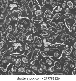 Set of hand drawn elements seafood on the blackboard. Retro vintage style seafood design. Seamless pattern. Vector illustration.