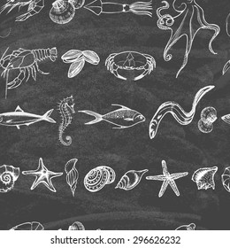 Set of hand drawn elements seafood and sea shells, starfish, sea horse on the blackboard. Retro vintage style seafood design. Seamless background.  Vector illustration.