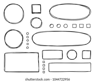 Set of hand drawn elements for selecting text. Oval, round, rectangular and square frames and labels.