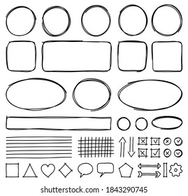 Set of hand drawn elements for selecting text. Oval, round, rectangular and square frames, arrows, lines, labels and objects. Vector.